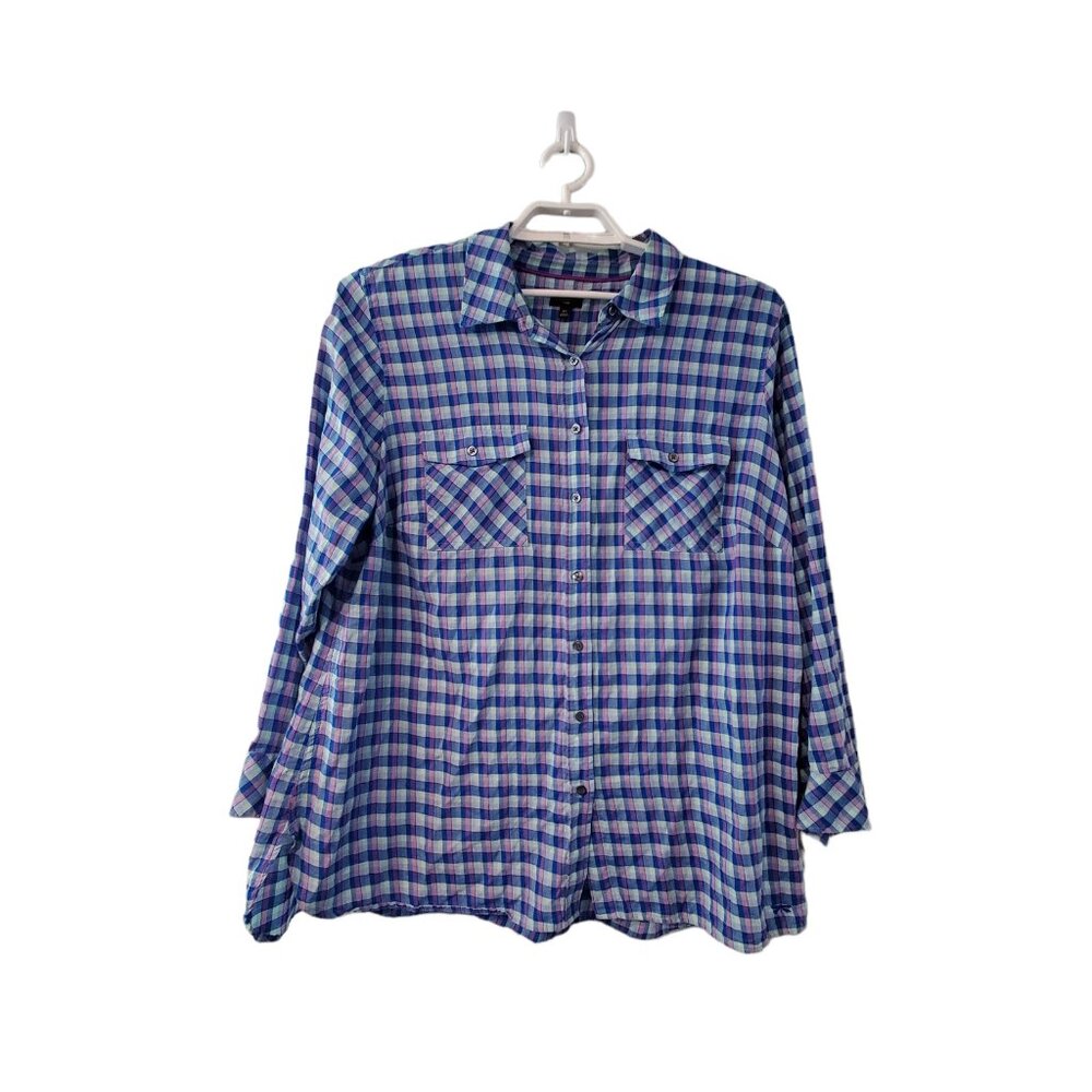 Talbots top womens size 2X button up blue lavender plaid cotton